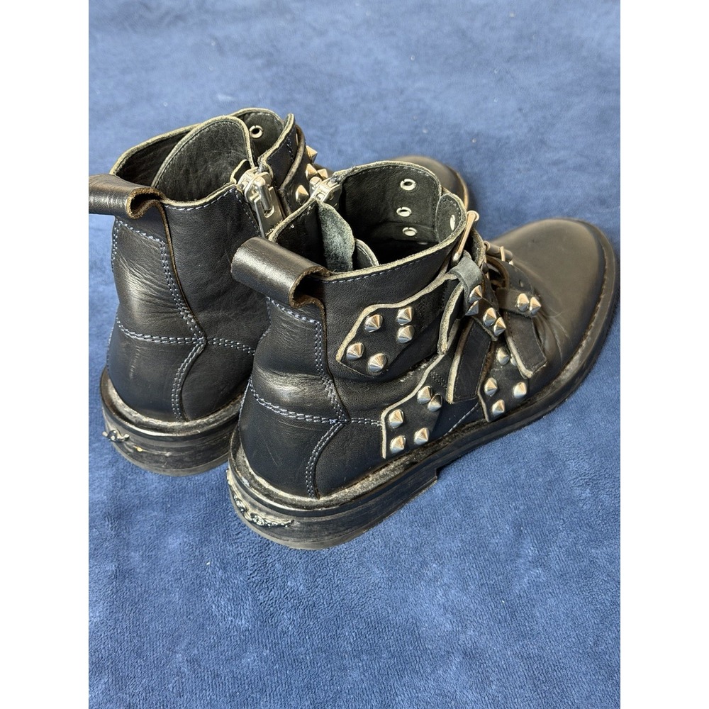 Zadig & Voltaire Laureen Black Leather Studded Buckle Ankle Biker Boots Size 37
